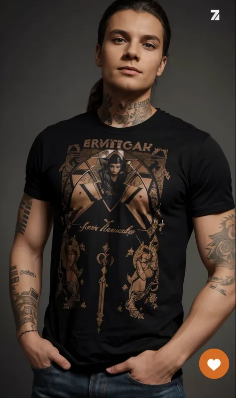 homme arafé avec des tatouages et un teeshirt noire , conception de t-shirt en métal lourd, corps sportif, corps maigre, renfrogné, humain brutal détaillé!!!, style d&#39;hydro74, photo officielle du produit, mardouk, photo détaillée, atroce, vêtements noi...