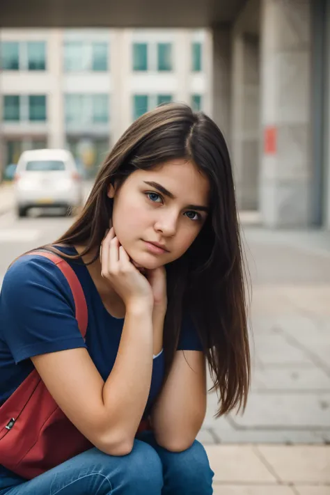 a northern girl with her hand on her chin in a thoughtful and worried attitude with her eyes raised as if rambling with ideas, sentada en unas gradas de una universidad, con un libro sobre sus rodillas. viste de bluejean  tenis y saco rojo