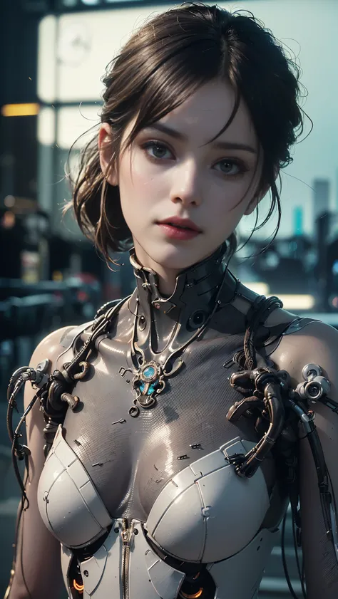 Top Quality, Masterpiece, Ultra High Resolution, ((Photorealistic: 1.4), Raw Photo, 1 cyberpunk android Girl, Glossy Skin, (Ultra Realistic Detailechanical limbs, tubes connected to the mechanical parts, mechanical vertebrae attached to the spine, mechanic...