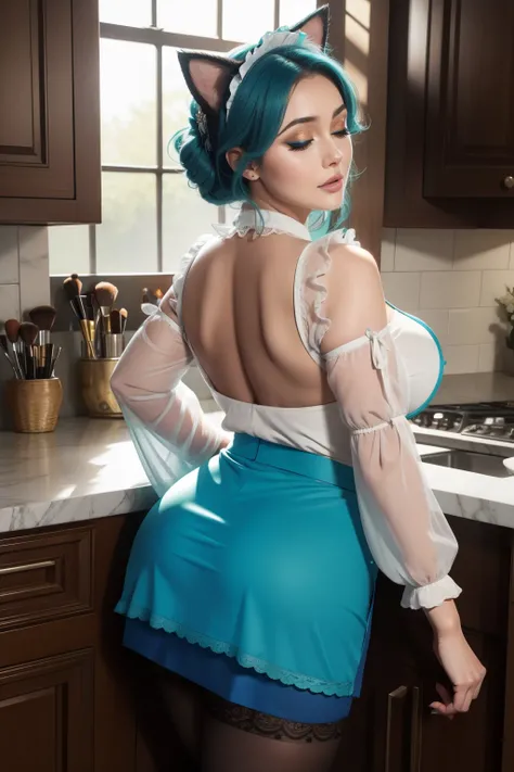 Lucy Pinder, ((VERY INTENSE MAKEUP)), sexy woman, voluptuous, cleavage, (Adele), chubby, lace, turquoise hair, cat ears, short hair, blouse with sleeves, apron, blue blouse, blue skirt, pantyhose, maid,  ((mouth wide open)), ((eyes closed)), back, beautifu...