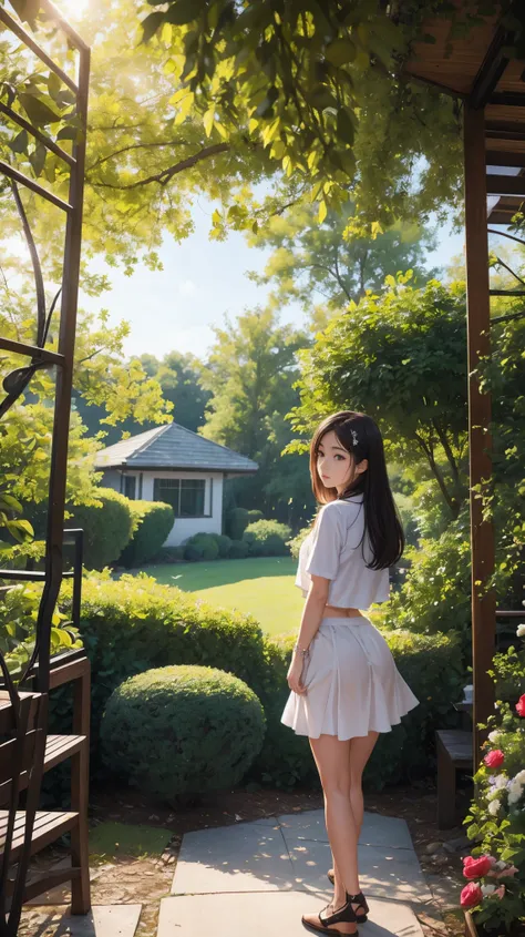 behind a garden with vibrant flowers, birds singing and soft light filtering through the trees.

Warsol foreground girl、white pants skirt、colorful flowers々behind the garden、The chirping of birds and the soft light of the trees々passing through。

(front view...