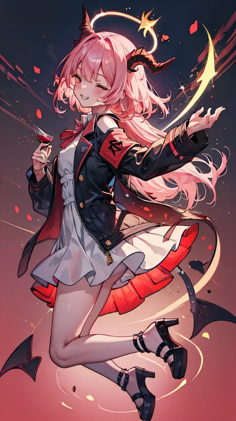 She has long pink hair, straight, to her shoulders with her hair covering her eyes. This creates her outstanding characteristics: the appearance of a villainess or demon queen. This is enhanced by her proud and cocky smile and the horns growing from the ba...