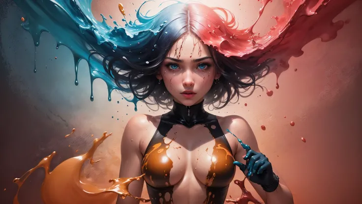 Masterpiece, Best Quality, extra high resolution, 1girl, (Abstract art:1.4), bleeding color, Visually stunning, Beautiful, Restorative in memory, emotional, Demon Girl, Cinematic Upper Body Lighting, military uniform, Six-pack camel-toe fighting gloves (((...