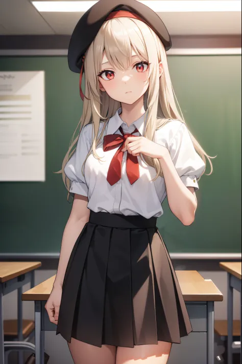 illyasvielvoneinzbern, illyasviel von einzbern, blonde hair, hair between eyes, long hair, (red eyes:1.5),
BREAK beret, black skirt, brown footwear, collared shirt, hat, homurahara academy school uniform, kneehighs, loafers, pleated skirt, puffy short slee...