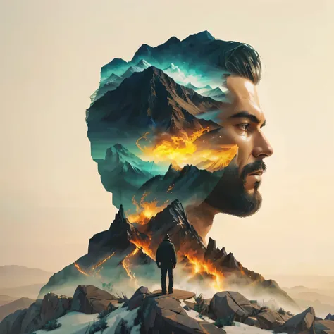 a man standing on a mountain with a mountain in the background, double exposure effect, inspiring digital art, double exposure portrait, amazing digital art, photo manipulation, photoshop art, amazing composition, surrealistic digital artwork, inspired by ...