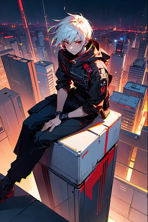 (Detailed description) (best quality) Anime, 1boy, cyberpunk style, white hair, red eyes, annoyed, sitting on the rooftop, staring a night city, cyberpunk city, on the rooftop, detailed