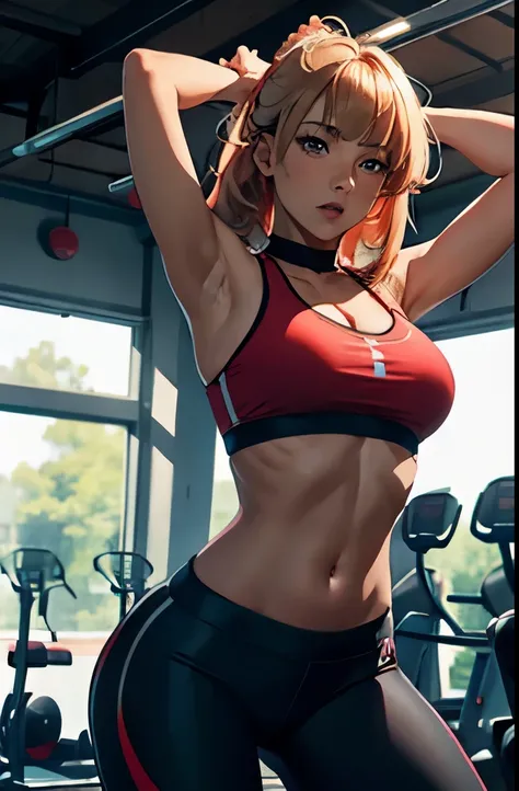 1girl, cowboy shot, medium hair, bangs, strawberry blonde hair, grey eyes, dark skin, makeup, athletic, performing workout in front of cell phone, large breasts, red sports bra, black sports leggings, background gym