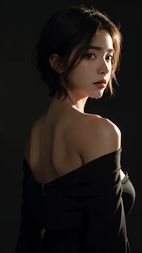 best quality, masterpiece, ultra high resolution, (lifelike:1.5), photo savage, 1 girl, take off shoulders, big breasts, in the darkness, deep shadow, discreet, Cold light and dark light, it seems, short hair, She looks at the camera, Front view