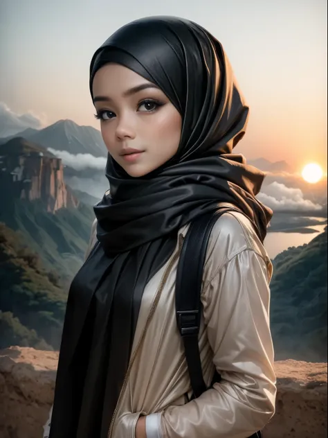 ((Top Quality, 8k, Masterpiece: 1.5)), character design, 1 female, malay female, malaysian female, dark skin, mira filzah, mira filzah face, wearing hijab, parka wearing, overhead camera, sharp focus: 1.2, while emphasizing the subjects eyes, mouth, action...