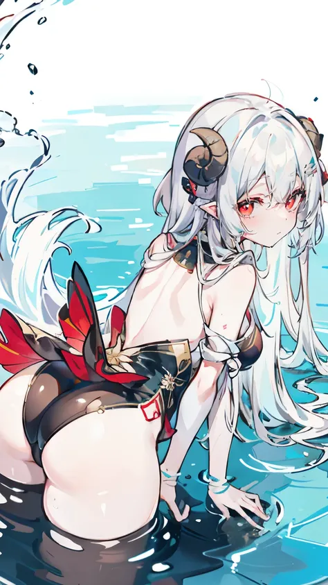 a girl，Sheep&#39;s horn, full color,  long white hair, Red眼睛 ，Eyeliner, immerse in water, black transparent clothes, Red, open air, Rose, night, ruins, Butterfly，back view，big asutt close-up，camel toe，bend over，soaking wet