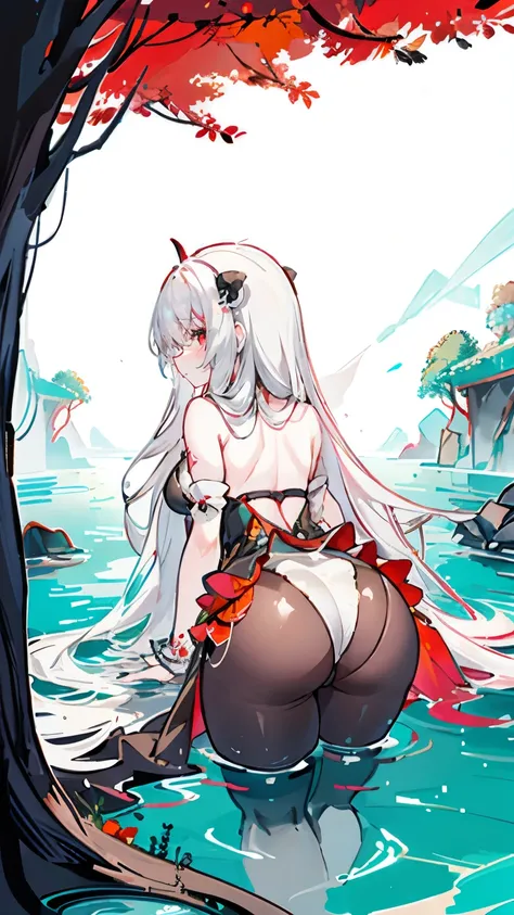 a girl，Sheep&#39;s horn, full color,  long white hair, Red眼睛 ，Eyeliner, immerse in water, black transparent clothes, Red, open air, Rose, night, ruins, Butterfly，back view，big asutt close-up，camel toe，bend over，soaking wet