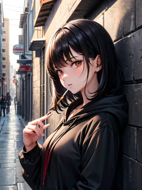 1girl, medium length wolfcut black hair, brown eyes, wearing school uniform with black hoodie,  city alleyway, absurdres, high res, ultrasharp, 8K, masterpiece, leaning on a wall while smoking cigarettes and looking at viewer with cold eyes