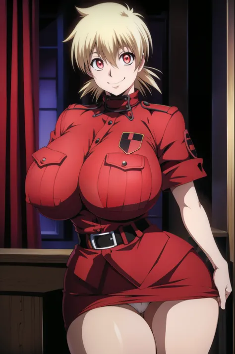 High resolution, Hellsing Ultimate art style, Seras Victoria, 1girl, ((bimbo))), short blond hair, red eyes, puffy lips, thick lips, wide hips, thick thighs, enormous round fake breast, huge ass, round fake breasts, erotic smile face, tight police uniform,...