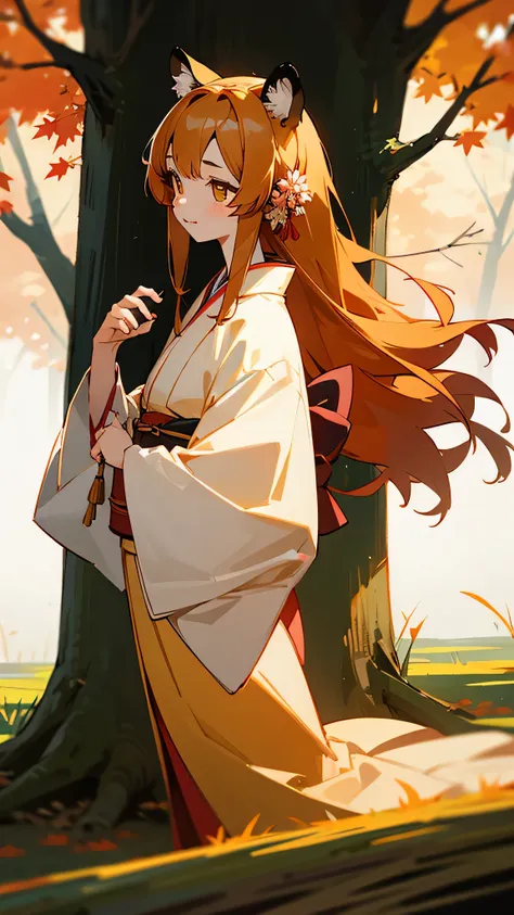 tiger girl, in a kimono, elegant, in the autumn forest, without human ears, long hair