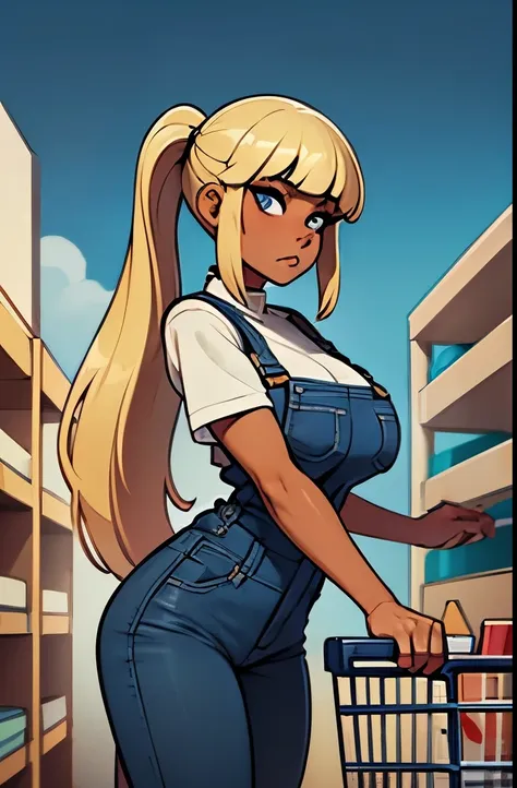 1girl, cowboy shot, super long hair, bangs, low ponytail, blond hair, grey eyes, tan skin, makeup, petite, pushing a shopping cart full of paint supplies, huge breasts, blue denim overall, background home improvement store