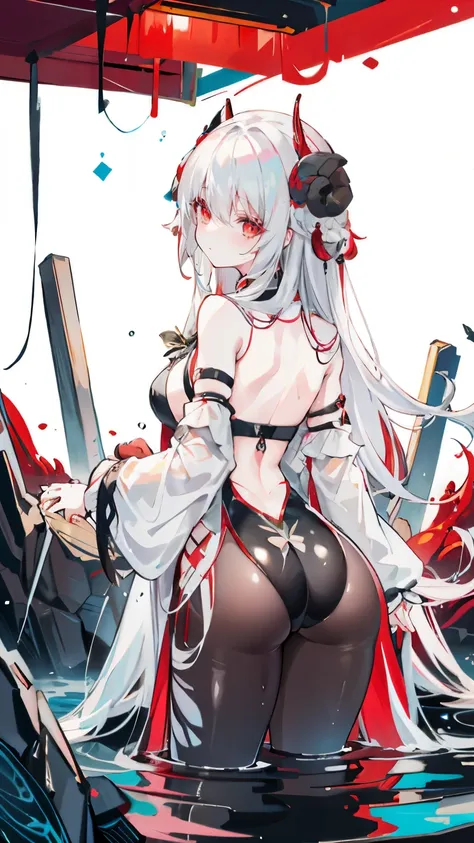 a girl，Sheep&#39;s horn, full color,  long white hair, Red眼睛 ，Eyeliner, immerse in water, black transparent clothes, Red, open air, Rose, night, ruins, Butterfly，back view，big asutt close-up，bend over，soaking wet