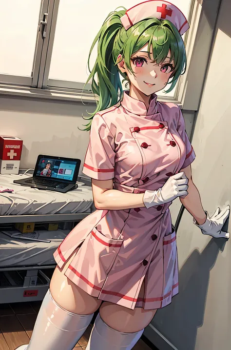 1girl, solo, nurse, nurse cap, white wear, ((white legwear, zettai ryouiki)), white gloves, ponytail, green hair, pink eyes, smile, standing, ((hospital room)), sharp outline, short sleeves, best quality, masterpiece