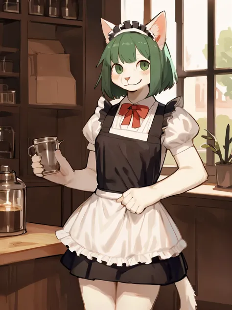 1female, ((best quality, detailed anatomy)), Cat, smile, white furs, skinny chub, tail, white bob cut hair, dark green eyes, young, small boobs, maid dress, in the coffee shop, by Bebebebebe, by Zackary911, by K0BIT0WANI, by Messh