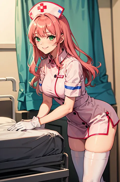 1girl, solo, nurse, nurse cap, white wear, ((white legwear, zettai ryouiki)), white gloves, pink hair, green eyes, drooping eyes, smile, standing, ((hospital room)), sharp outline, short sleeves, best quality, masterpiece