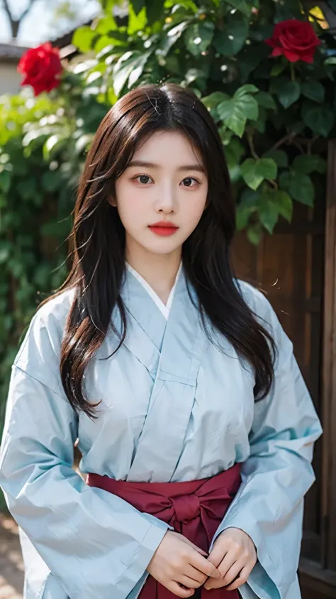 20 years old korean woman, wavy long hair, wearing a traditional korean clothes hanbok, medium breast, standing pose next to a r...