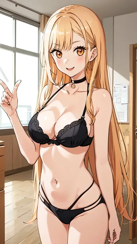 long hair, cleavage, belly button, slim legs, blonde hair, Kitagawa Marine, black underwear, class, belly button, Happy, orange eyes