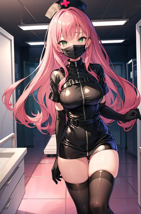 black nurse, 1woman, solo, black nurse cap, black wear, ((black legwear, zettai ryouiki)), black elbow gloves, pink hair, green ...