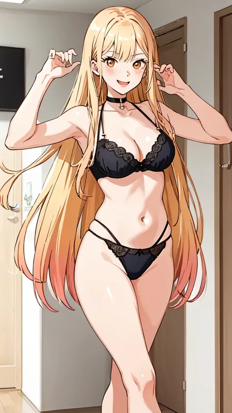 long hair, cleavage, belly button, slim legs, blonde hair, Kitagawa Marine, black underwear, class, belly button, Happy, orange eyes