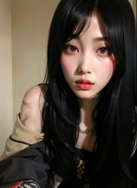 there  a woman with long black hair posing for a picture, cruel korean goth girl, she has black hair with bangs, ulzzang, hair blackbangs hair, korean girl, black hime cut hair, long black hair with bangs, beautiful south korean woman, long dark hair with ...