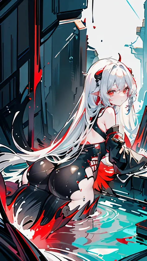 a girl，Sheep&#39;s horn, full color,  long white hair, Red眼睛 ，Eyeliner, immerse in water, black transparent clothes, Red, open air, Rose, night, ruins, Butterfly，back view，big asutt close-up，camel toe，bend over，soaking wet