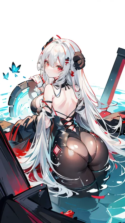 a girl，Sheep&#39;s horn, full color,  long white hair, Red眼睛 ，Eyeliner, immerse in water, black transparent clothes, Red, open air, Rose, night, ruins, Butterfly，back view，big asutt close-up，camel toe，bend over，soaking wet