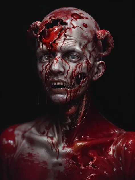 (body horror:1.4), portrait , close up of face, (biomachine:1.3), (bloody:1.2), ser vivo, (colorido:1.2), Hans Giger, many hands, (zentangle:1.2), granulado, extremamente detalhado, detalhe intrincado, dynamic lighting, fotorrealista, natural lightting, po...