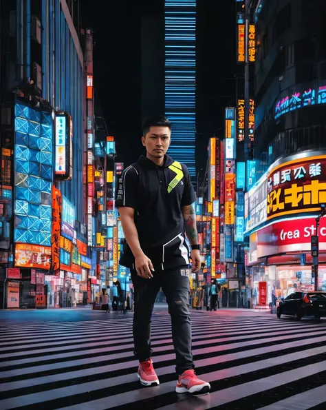 There is a man standing on a crosswalk in the city at night.., neon city in the background, Hero poses amid city lights, Future Tokyo in the background, in Neo-Tokyo, neon tokyo, Future Tokyo in the background, Profile picture 1024px, Pose in a neo-Tokyo o...