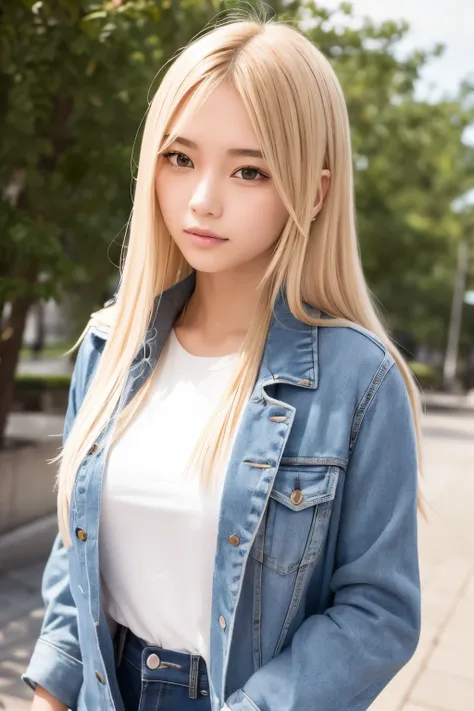 A girl, blonde, Korean, straight hair, long hair, beautiful face, brown eyes, casual wear ((masterpiece)), ((best quality)), ((realism)).