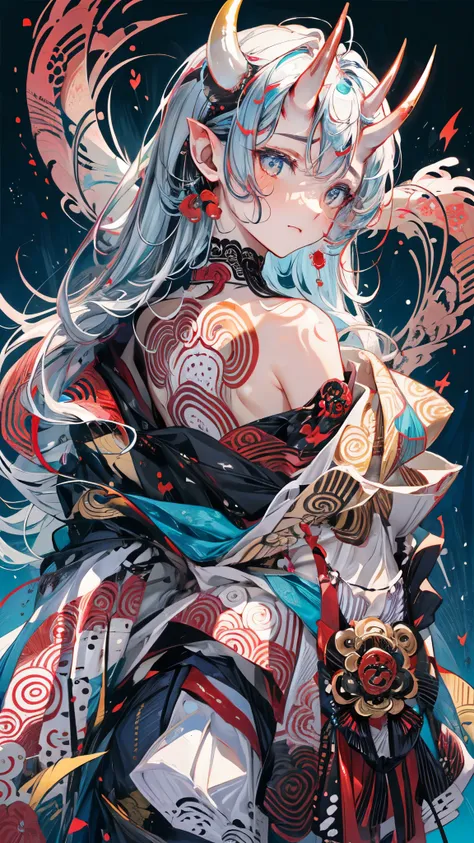 (masterpiece, top quality, best quality, official art, beautiful and aesthetic:1.2), mature body,medium breast,Extreme detailed,Sexy Demon,nipple, 1 girl, ,detailed partly shown breast kimono, (2 small oni horns:1.6), flames around, glowing body, Colorful,...