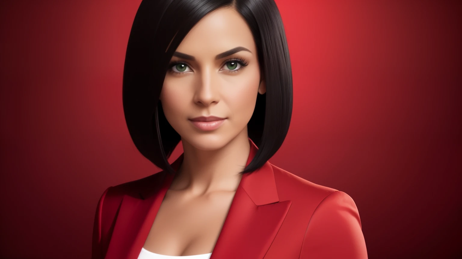 realistic photo of a woman, 25 years old, black straight bob hair, brown eyes, facing the camera, looking at the camera, red suit, dressed as a television presenter, focus from the waist up, green background