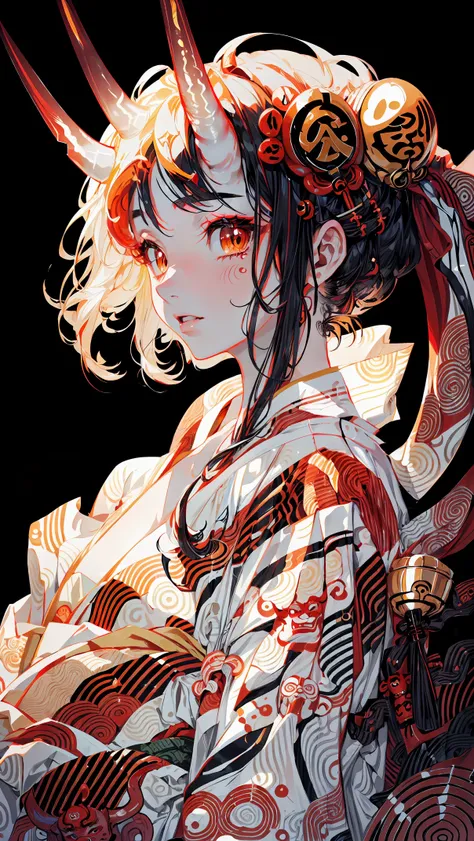 (masterpiece, top quality, best quality, official art, beautiful and aesthetic:1.2), Extreme detailed,Sexy Demon, 1 girl, large breasts,detailed partly shown breast yukata (2 small oni horns:1.6), flames around, glowing body,  , Colorful, Highest detailed,...