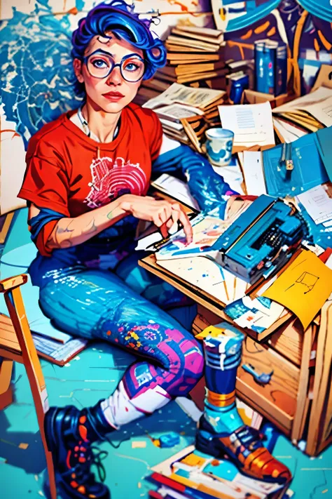 painting of a man sitting at a desk with a typewriter, josan gonzales, by Helen Berman, inspired by Larry Rivers, laurie greasley and james jean, by Meredith Dillman, msxotto, in gouache detailed paintings, portrait of a starving ai artist, molly from neur...