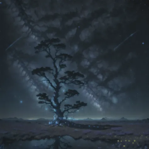 ancient magic tree, Aura azul, starry sky, PiriLampo, cometa, mundos de fantasia, splendid, magical aura, Estilo avatar, uma noite tranquila.