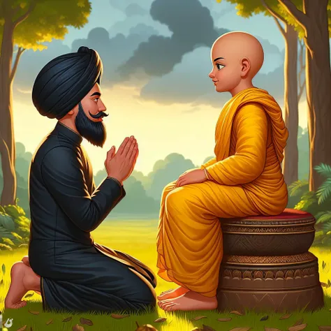 there  a man kneeling down next to a man in a yellow robe, by manjit bawa, indian master, beautiful depiction, inspired by manji...