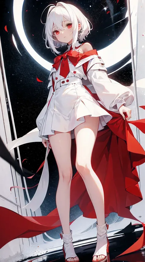 anime shoujo，white hair，red eyearefoot, thin legs