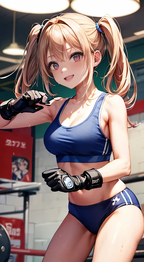 最High quality質、best image quality、masterpiece、with a girl((18-year-old、Blue Sports Bra、blue sports pan bust、bust 90、blonde twintails、red eyes、Slender、smile,Fitness Boxing、glove、)）High quality、With background((sports club))、elaborate design、visual art、embar...