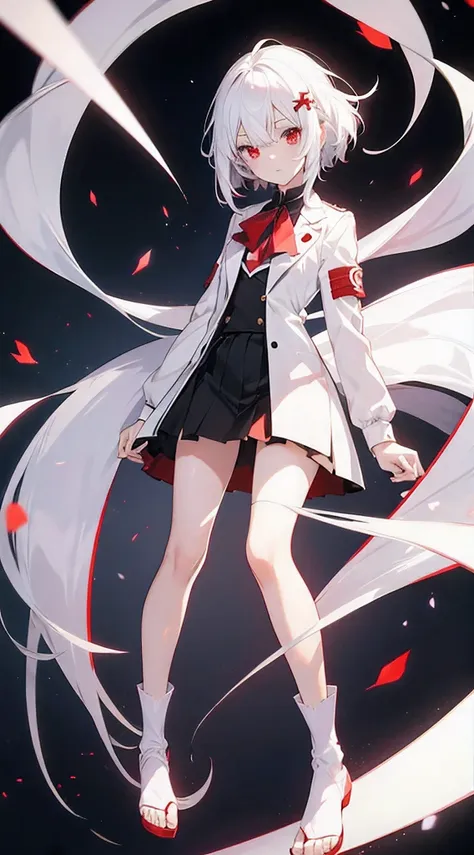 anime shoujo，white hair，red eyes，uniformarefoot, thin legs