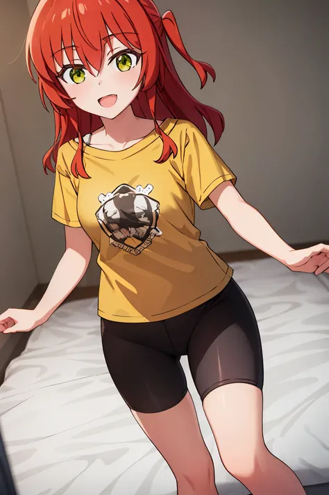 1 girl, best quality, ultra high res, long hair, red hair, green eyes, looking at viewers, small breast, standing, pov, slim body, loli body, small body, smile, open mouth, t-shirt, yellow shirt, short sleeves, bike shorts, bedroom, white bed sheets,