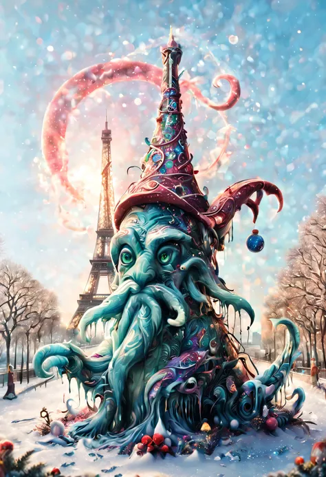 create a surreal magical image featuring kraken in santa's hat, looking in camera. behind him is the eiffel tower in a bright da...