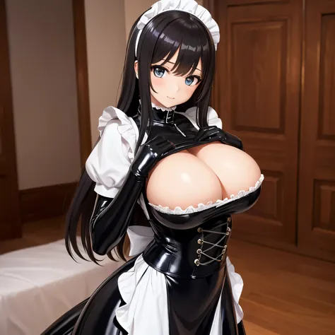 maid,long hair,girl,large bust,latex,rubber,bigboob,black rubber,black latex,strong luster、首から下を完全に覆う