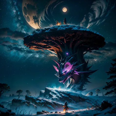 totem shootingstar the dragon sleeps in the forest, curled up in a kolachik,lying on its belly, the head lies on the snow nebula...