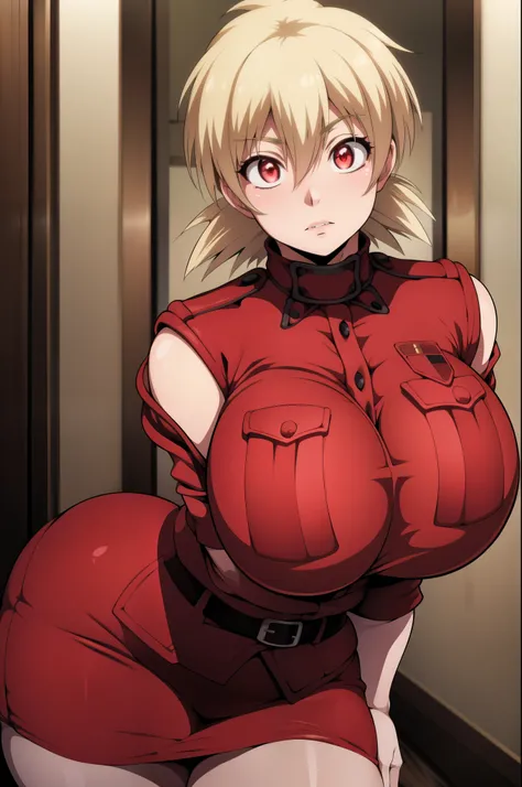 high resolution, hellsing ultimate art style, seras victoria, 1girl, ((bimbo))), short blond hair, red eyes, puffy lips, thick l...