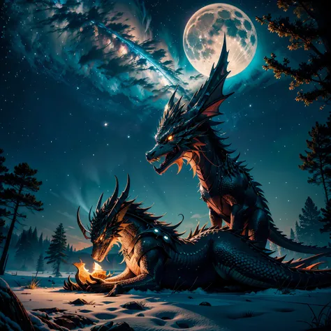 totem shootingstar the dragon sleeps in the forest, curled up in a kolachik,lying on its belly, the head lies on the snow nebula...