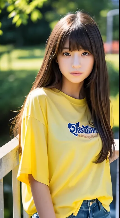 a girl mixed of french and japanese, around 17 years old. straight long hair with thin bangs. cool but ethereal expression, wearing a yellow shirt.