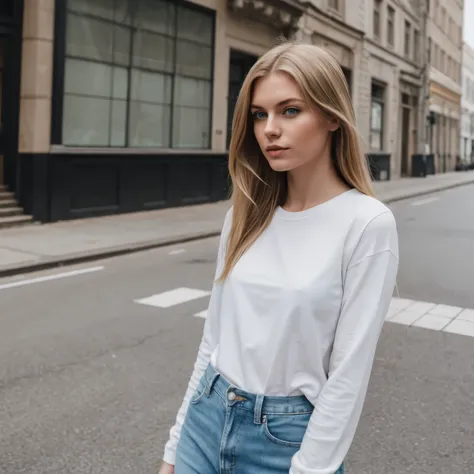 European 23 year old girl, tall, skinny, blue eyes, blond coloured hair, wide leg jeans, basic white tshirt